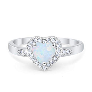 Halo Heart Promise Ring Round Lab Created White Opal 925 Sterling Silver